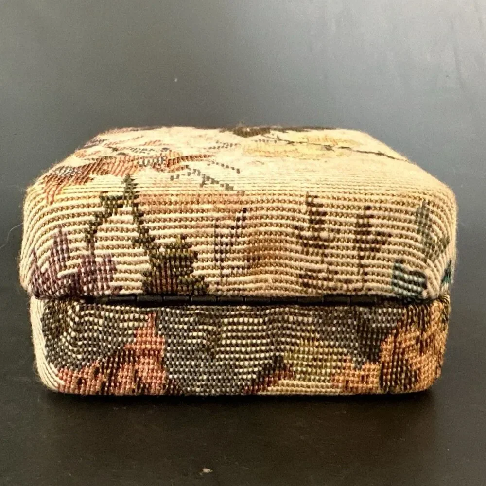 Vintage Tapestry Jewelry Box Travel Case Floral Needlepoint Coquette Case Holder